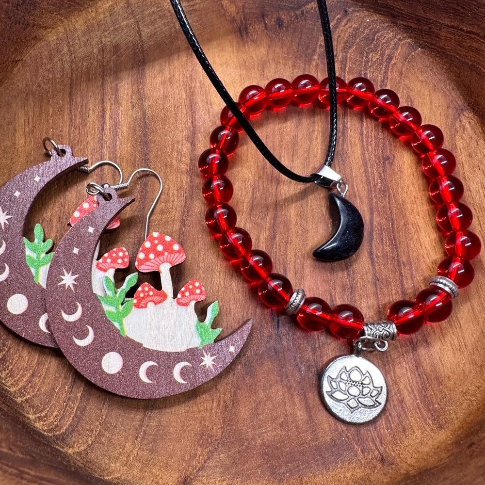 Red Beaded Bracelet and Moon Earrings Set